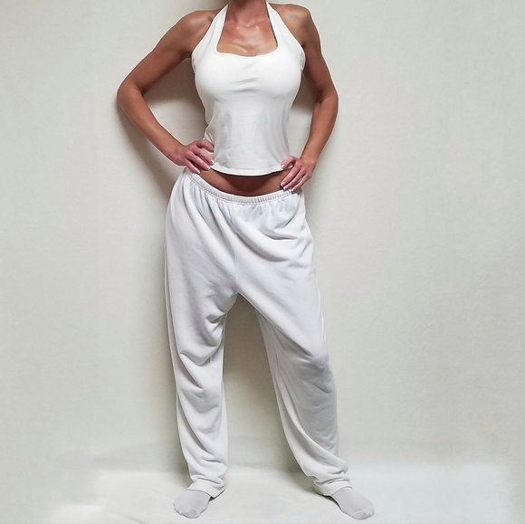 VINTAGE Victoria's Secret White Halter Top Loose Fit High Rise Sweatpants Outfit - Picture 2 of 16